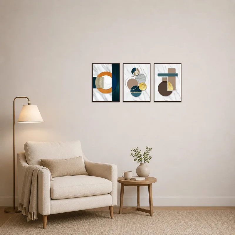 Abstract geometric art set enlivens a cozy reading corner wall.