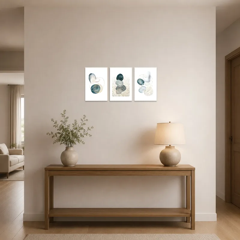 Striking geometric artwork greets visitors in a modern entrance hall.