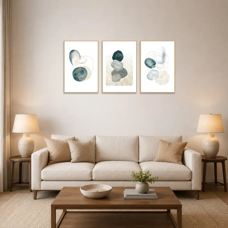 A geometric triptych with gold accents adds elegance to a contemporary living room.