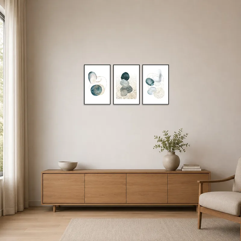 Sleek abstract triptych enhances the clean lines of a minimalist space.