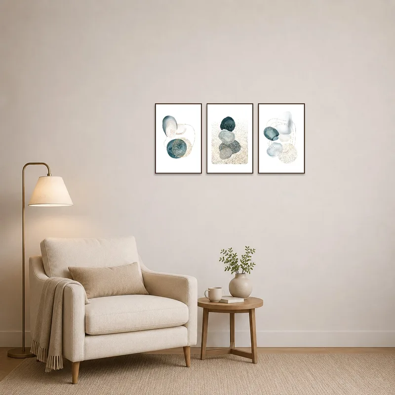 Geometric triptych brings a touch of sophistication to a cozy reading corner.