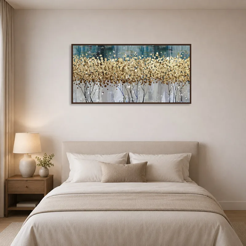 Bedroom wall features a soothing gold and blue blossom panoramic piece.