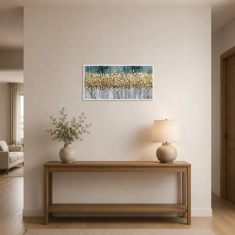 Gold and blue floral art greets guests in the entrance hall.