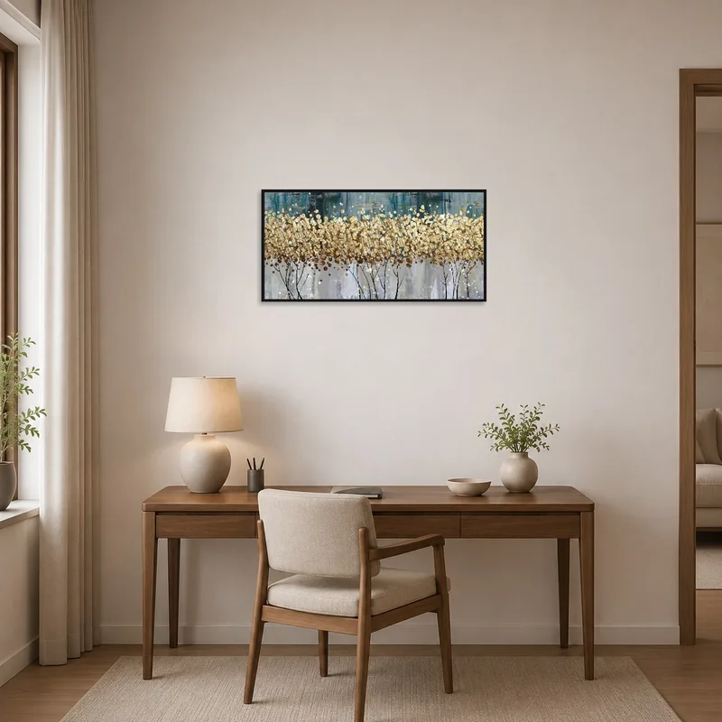 Home office enhanced by abstract gold and blue floral artwork.