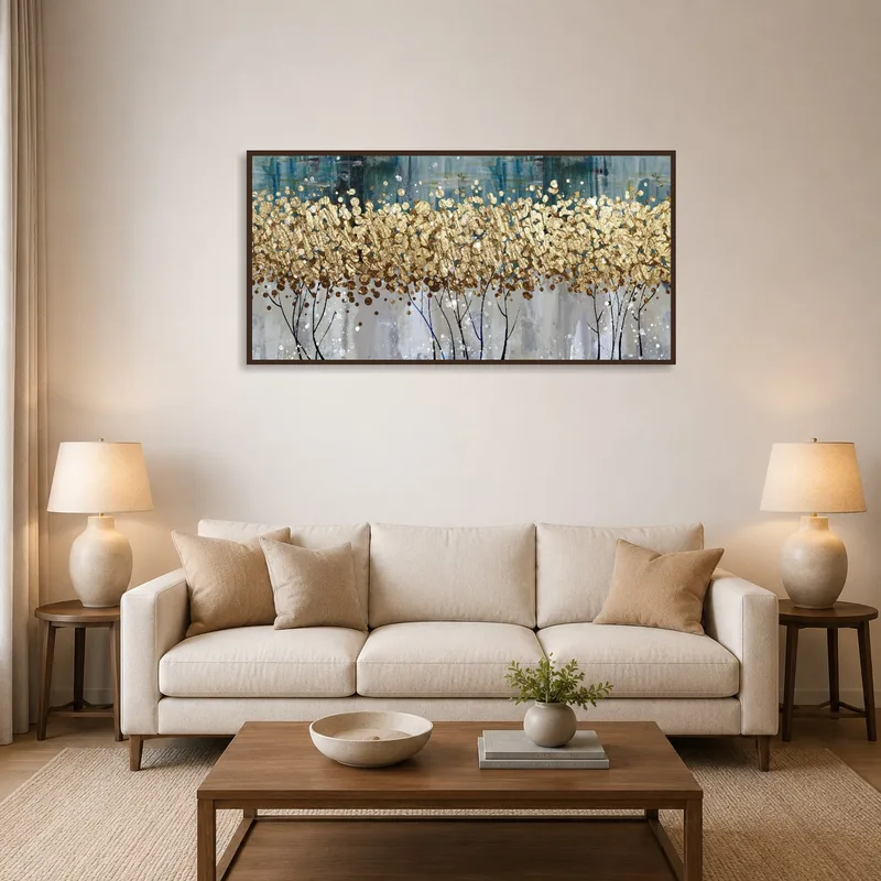 Abstract gold and blue blossoms art adds elegance to the living room wall.
