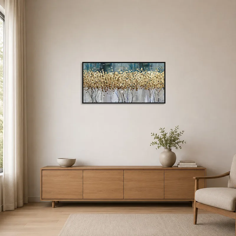 Panoramic art with gold and blue blossoms complements a minimalist room.