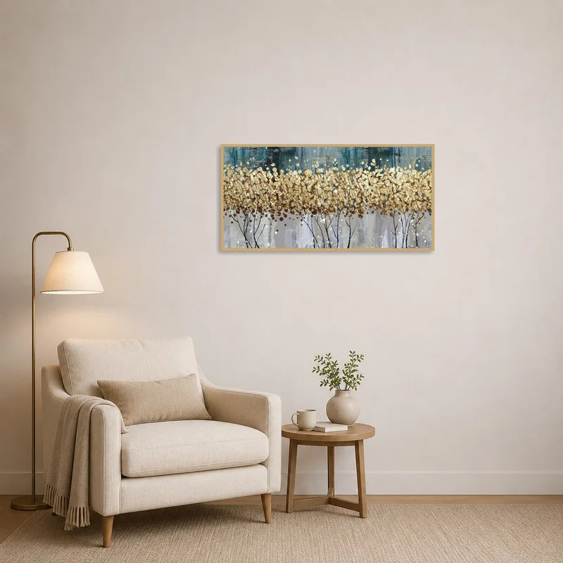 Art featuring gold and blue blooms relaxes the reading corner ambiance.