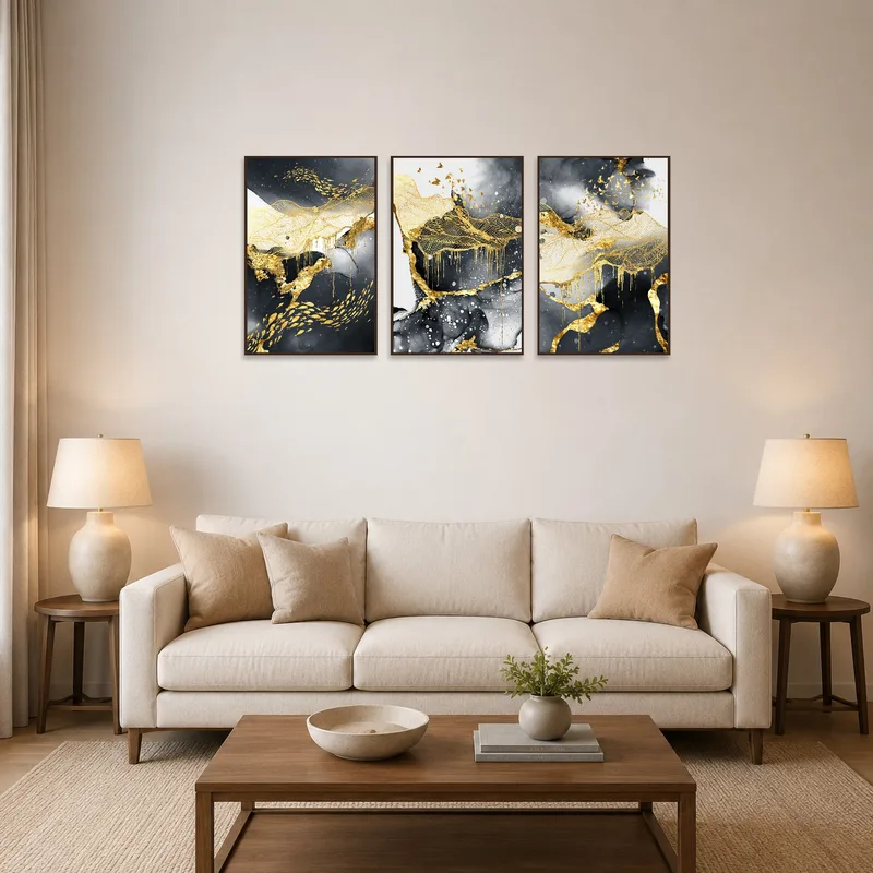 Abstract gold and charcoal triptych artwork above a modern sofa in the living room.