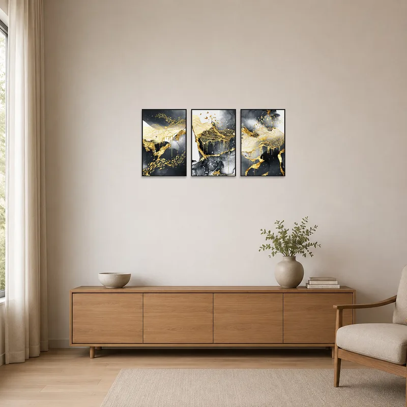 Triptych art set enhancing the clean lines of a minimalist space.