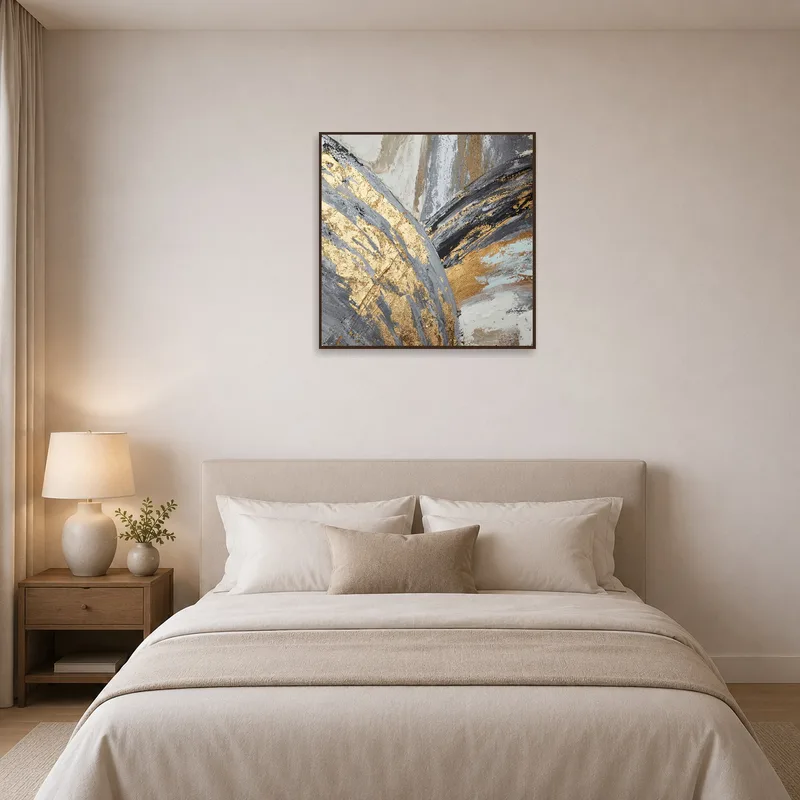 Bedroom showcasing a calming abstract gold and gray textured canvas.