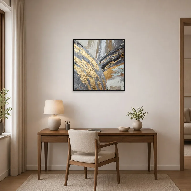 Home office enhanced by abstract gold and gray textured wall art.