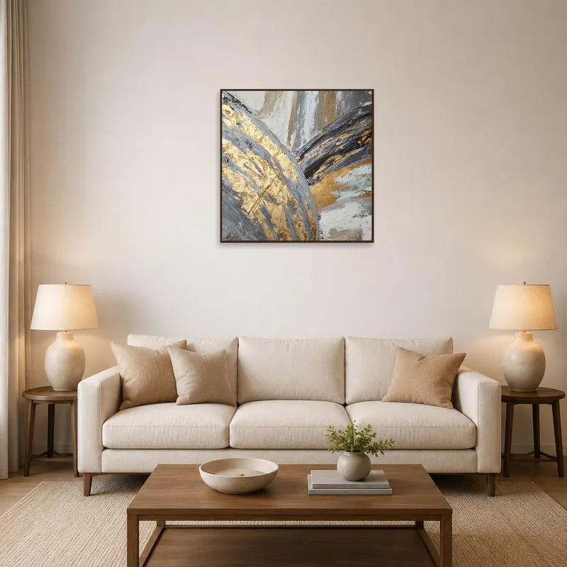 Abstract gold and gray textured canvas in a stylish living room setting.