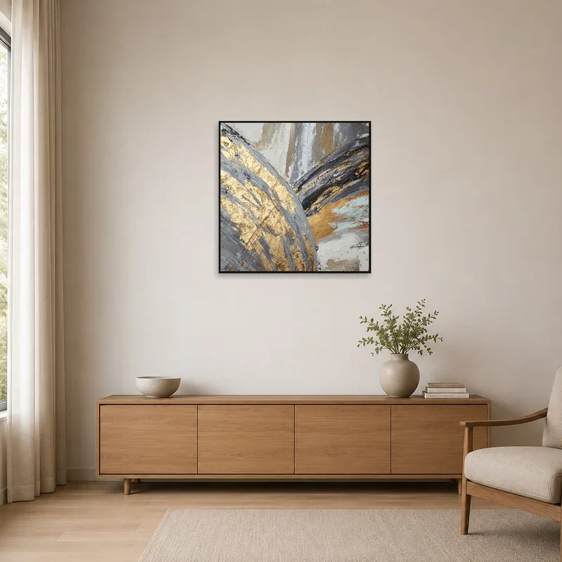 Minimalist room with abstract gold and gray canvas art on a clear wall.