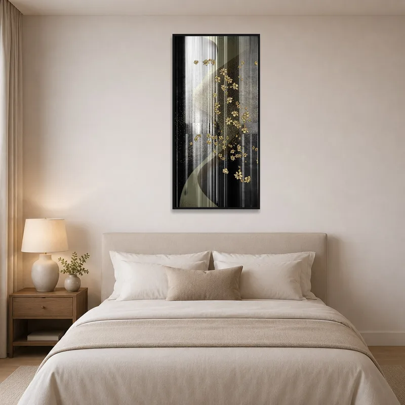 Gold floral abstract art with textured stripes creating a serene atmosphere in a styled bedroom.