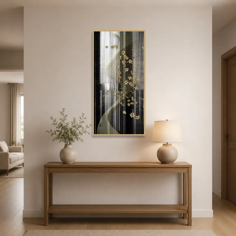 Bold abstract gold floral on stripes greets visitors in an entrance hall with contemporary furnishings.