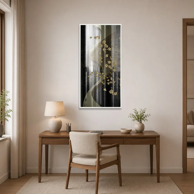 Abstract gold floral on striped textures bringing elegance to a well-appointed home office space.