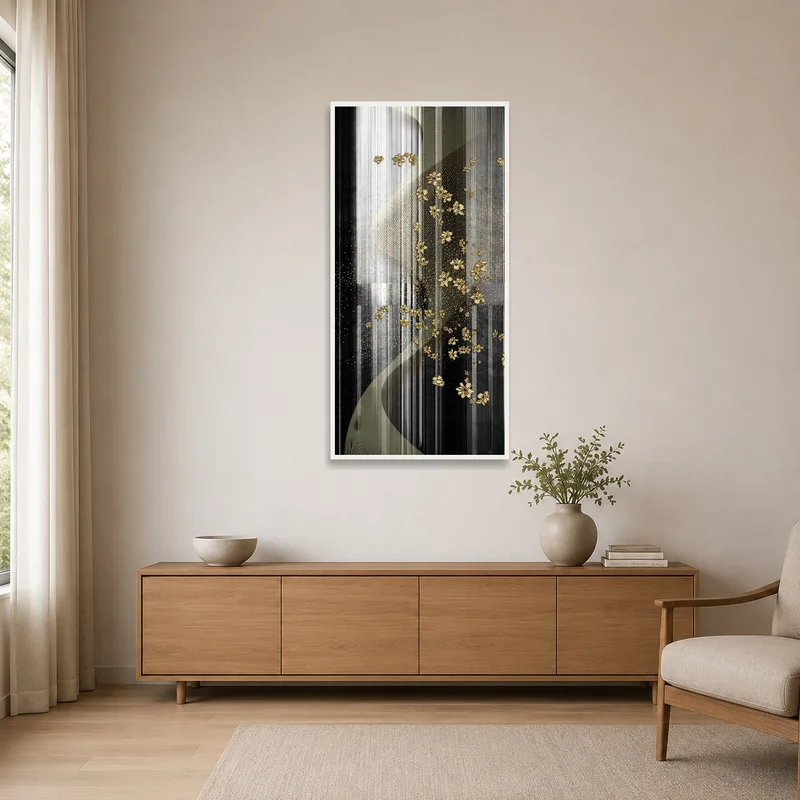 Gold floral abstract artwork with striped textures enhancing a minimalist room with sleek design elements.