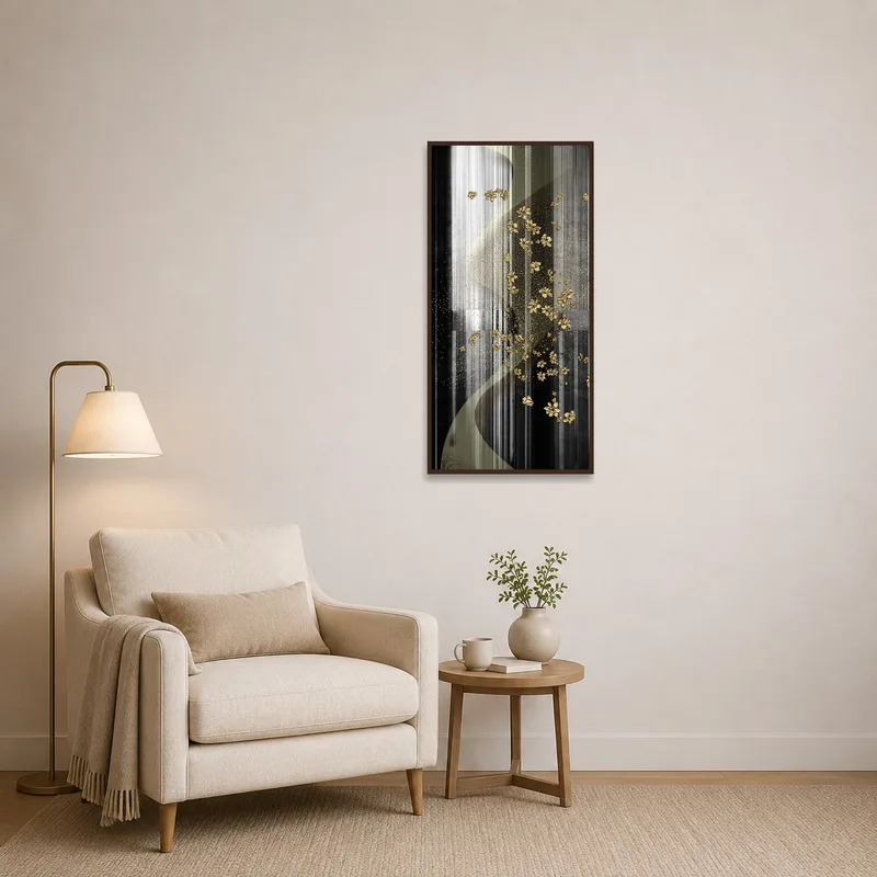An abstract gold floral painting with textured stripes adds intrigue to a cozy reading corner.