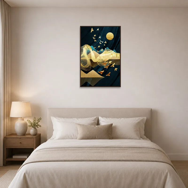 Bedroom art piece with shimmering golden birds in a calm, midnight backdrop.