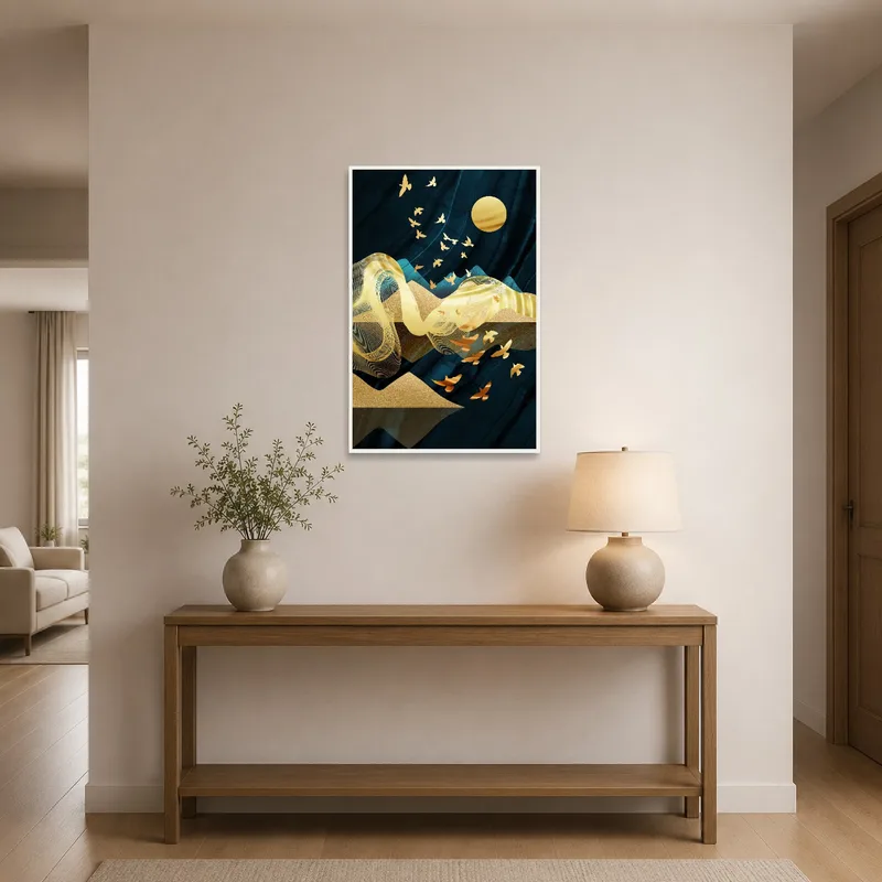 Golden birds in a midnight sky greet guests in a stylish entrance hall.
