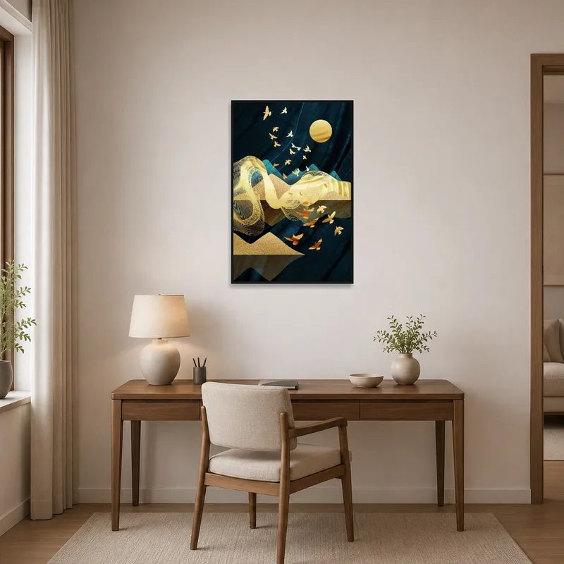 Home office wall featuring golden birds set against a mysterious night scene.