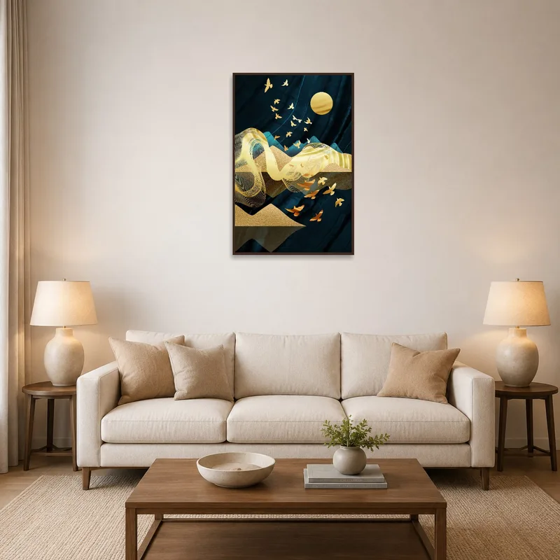 Abstract golden birds flying in a midnight sky hanging above a modern living room sofa.