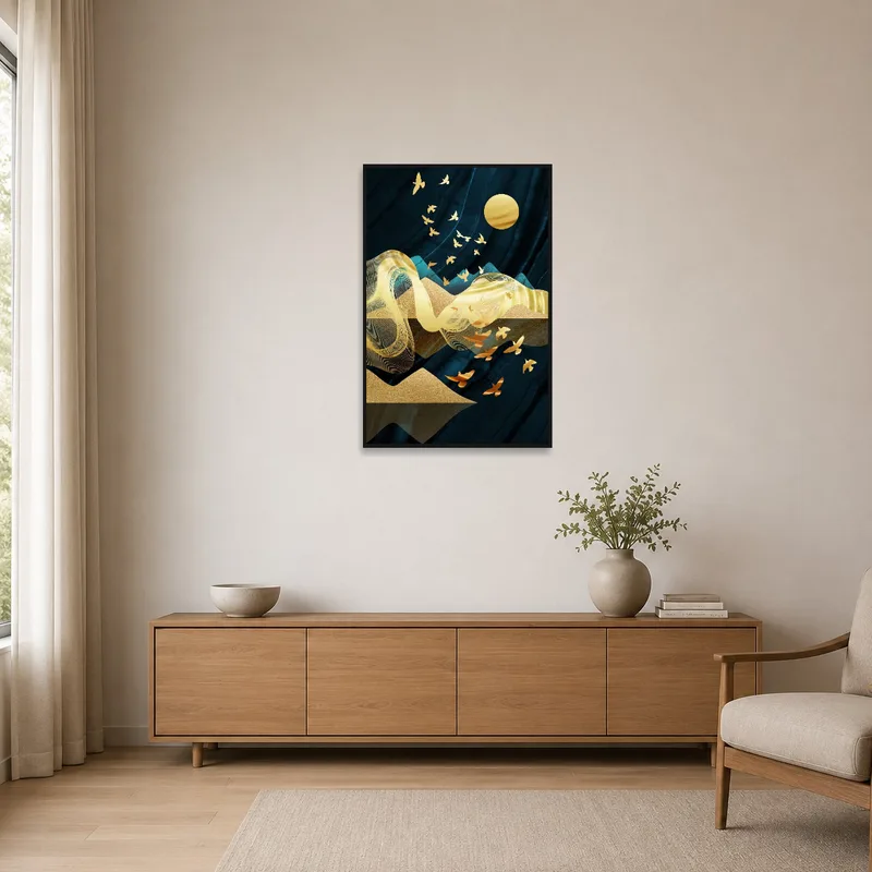 Minimalist room showcasing golden birds in a night sky on a plain, bright wall.