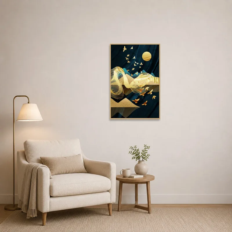 Reading corner adorned with artwork of gold birds contrasting a deep night sky.