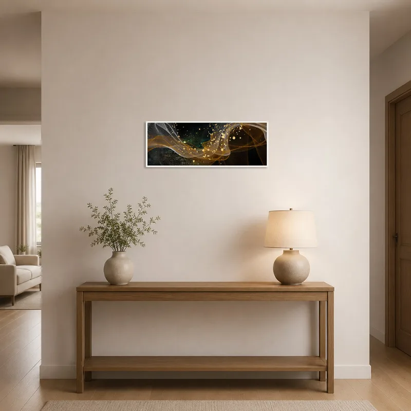 Abstract golden wave art print as an eye-catching piece in an entrance hall.