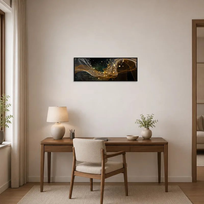 Abstract golden wave art print inspiring creativity in a home office.