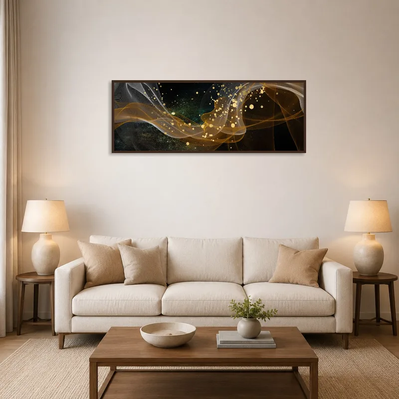 Abstract golden wave art print above a modern sofa in a cozy living room.