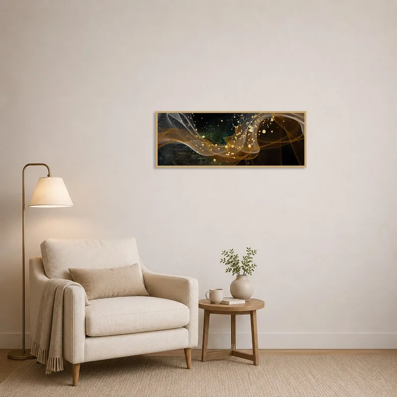 Abstract golden wave art print adding elegance to a tranquil reading corner.