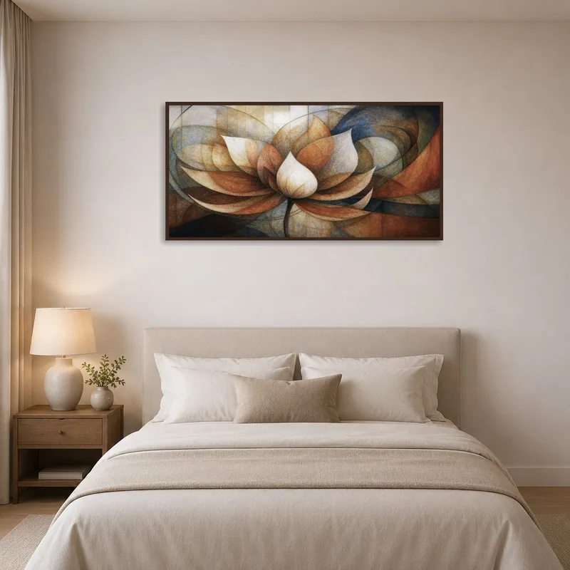 The tranquil lotus art piece accentuates a peaceful bedroom environment.