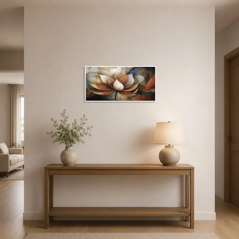 Elegant lotus art piece greets guests in a modern entrance hall.