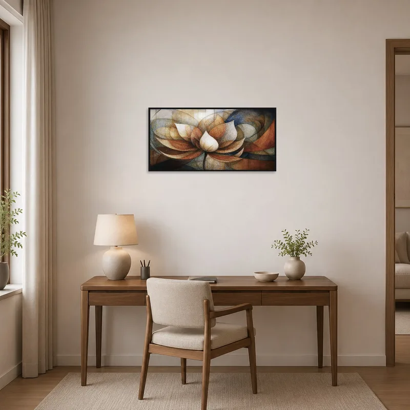 Inspiring abstract lotus art piece in a well-organized home office.