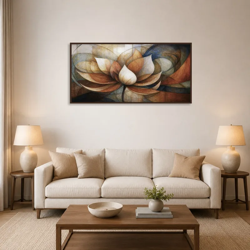 A panoramic abstract lotus art piece on the wall in a stylish living room.