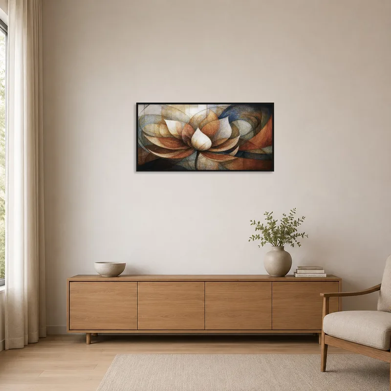 Abstract lotus art piece enhances a minimalist room with simplicity.