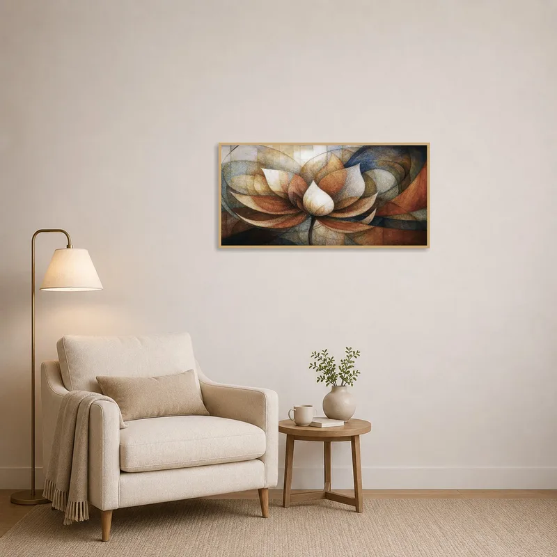 Serene abstract lotus art next to a cozy reading nook with comfortable seating.