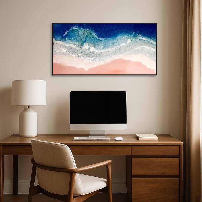 Abstract ocean-themed art inspires focus in a contemporary home-office.