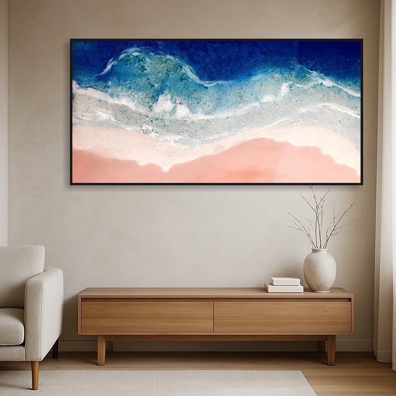 Abstract Ocean Art adds depth to a minimalist space with clean lines.