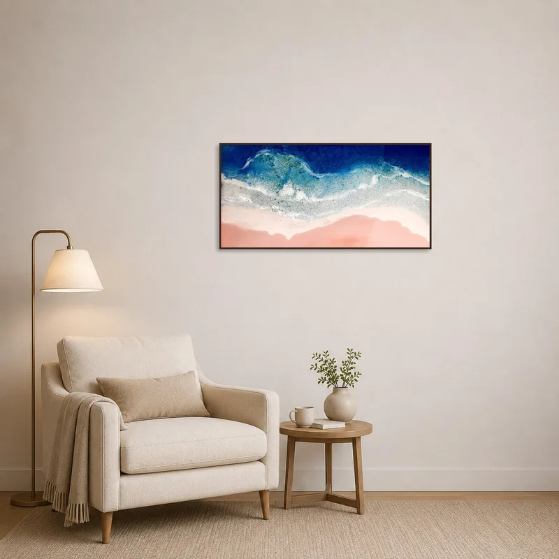 Abstract waves art brightens a reading corner.