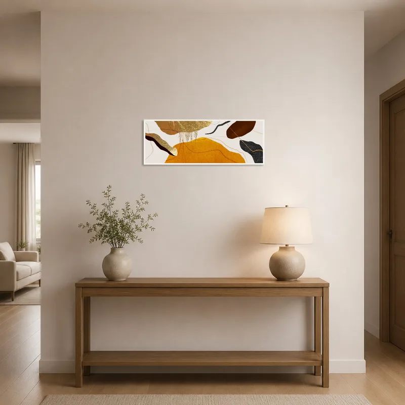 Warm earthy tones in an abstract piece greet guests in the hall.