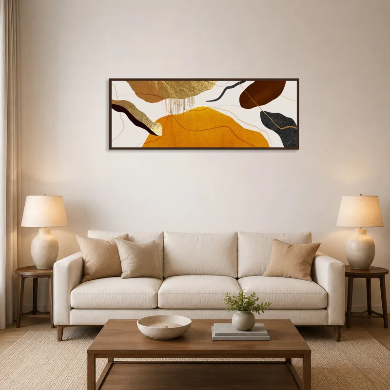 Abstract panoramic artwork with earthy tones above a modern sofa.
