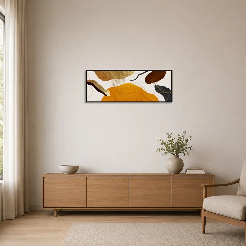 Earthy tone abstract artwork adds warmth to a minimalist space.