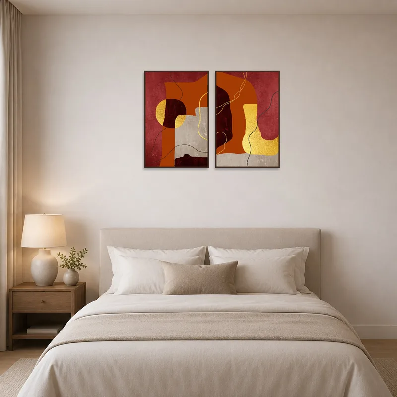 Geometric red and gold art set creating a striking focal point in a bedroom.