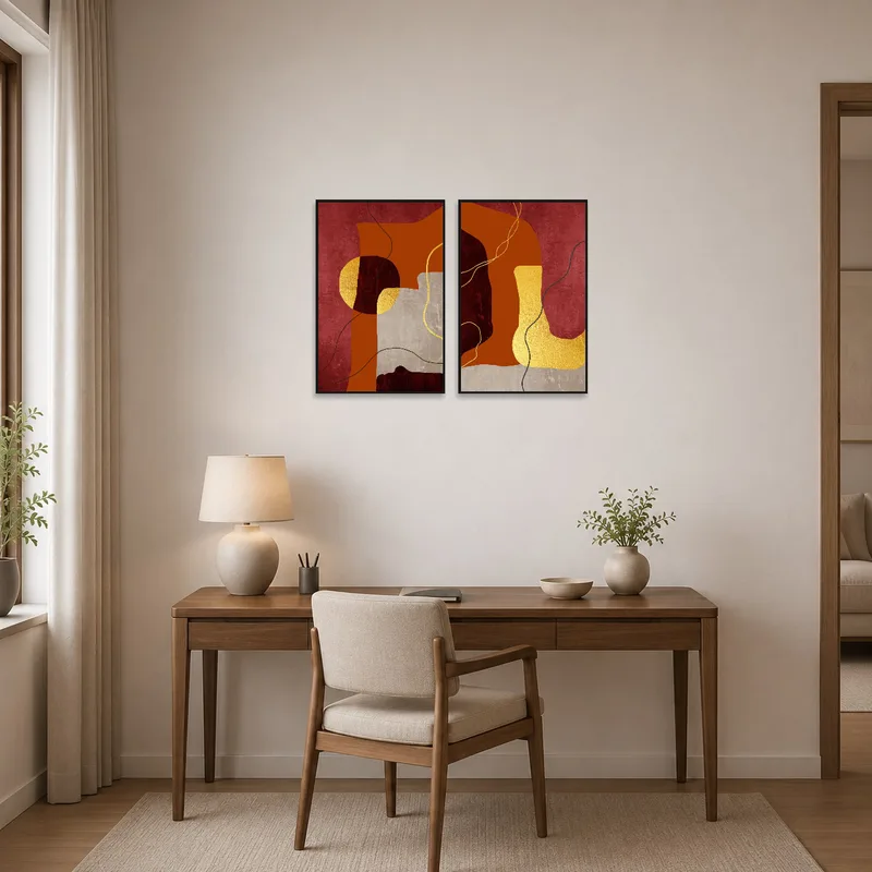 Red and gold abstract art set energizing a productive home office space.