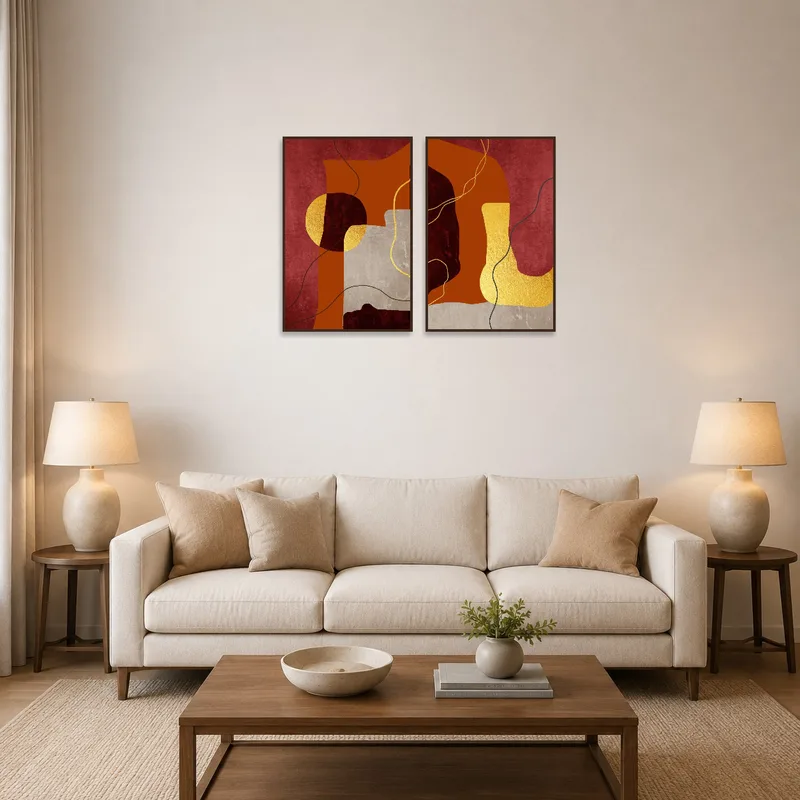 Bright red and gold geometric art set displayed on a lively living room wall.