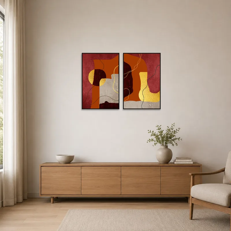 Sleek abstract red and gold art set adding flair to a minimalist space.