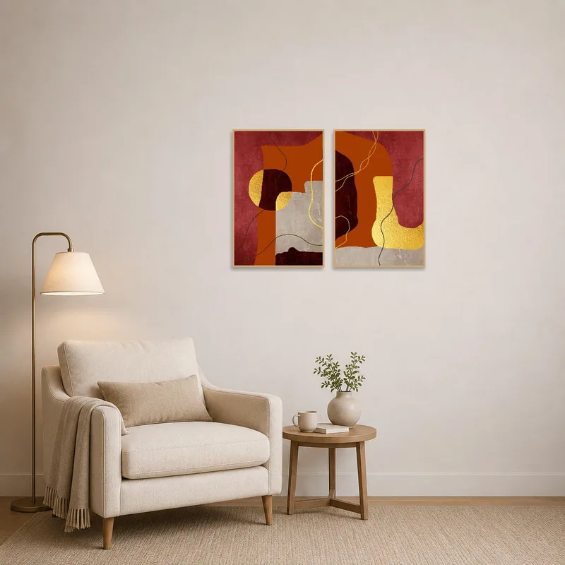 Eye-catching red and gold art set adding color to a cozy reading corner.