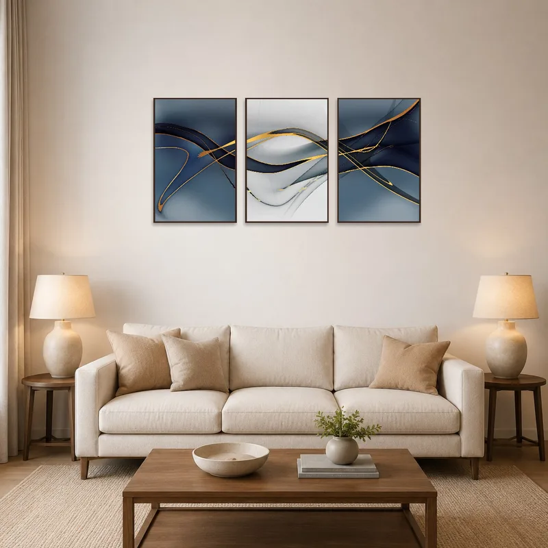 Abstract triptych with gold accents above a modern living room sofa.